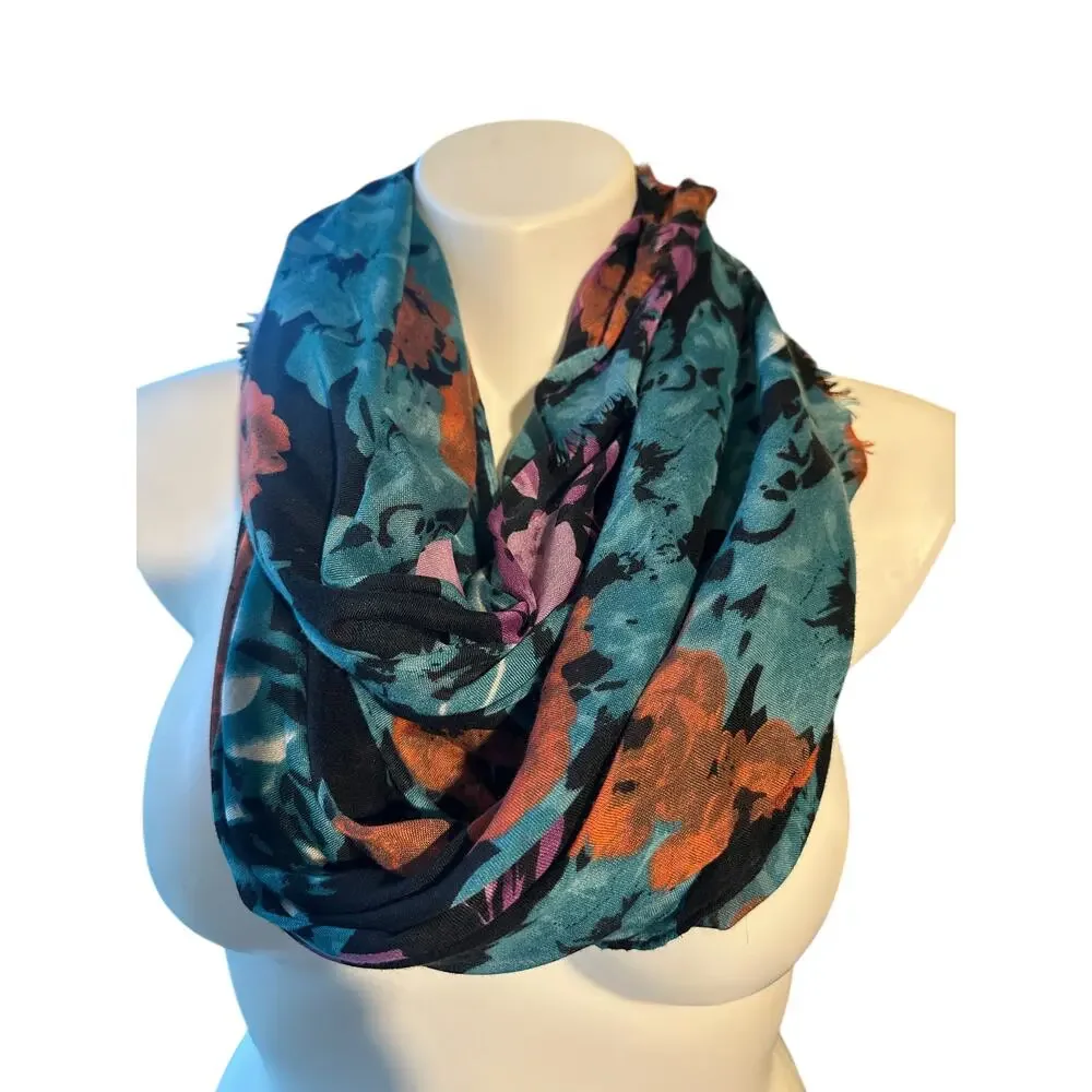 Teal & Orange Floral Lightweight Scarf Boho Romantic Wrap